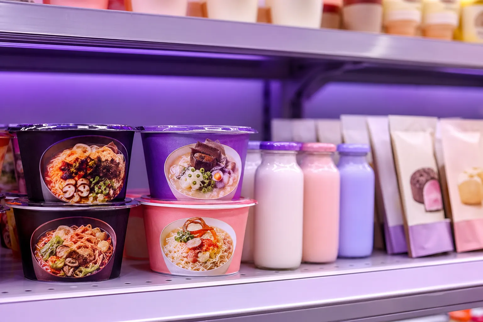 Korean fusion noodles and drinks displayed on a modern U.S. grocery shelf with K-culture styling.