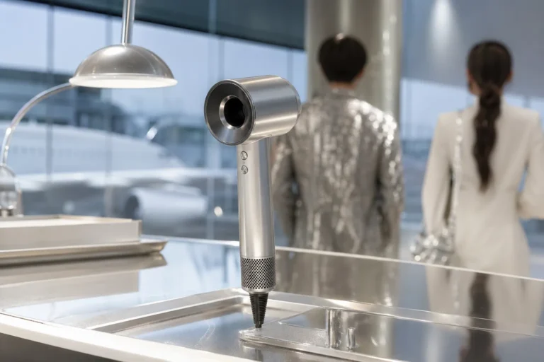 Airport-themed beauty pop-up lounge in Seongsu with a premium travel hair dryer display and blurred celebrity-style attendees.