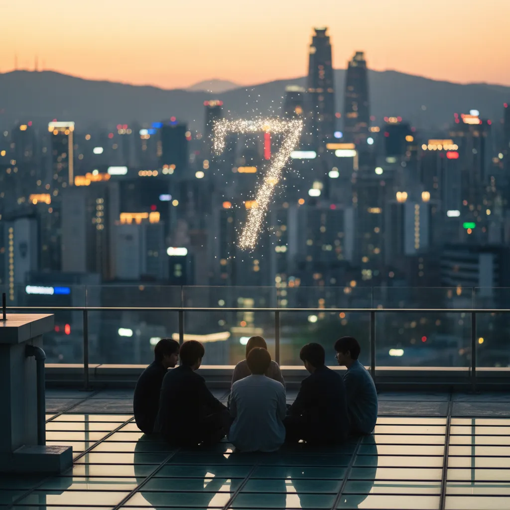 Silhouette of five figures on a Seoul rooftop with a glowing seven‑light halo, representing TXT’s 7th year comeback.