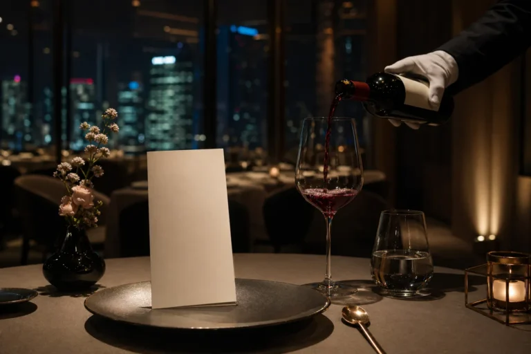 Elegant Seoul fine-dining wine pairing scene with a blank menu and red wine being poured.