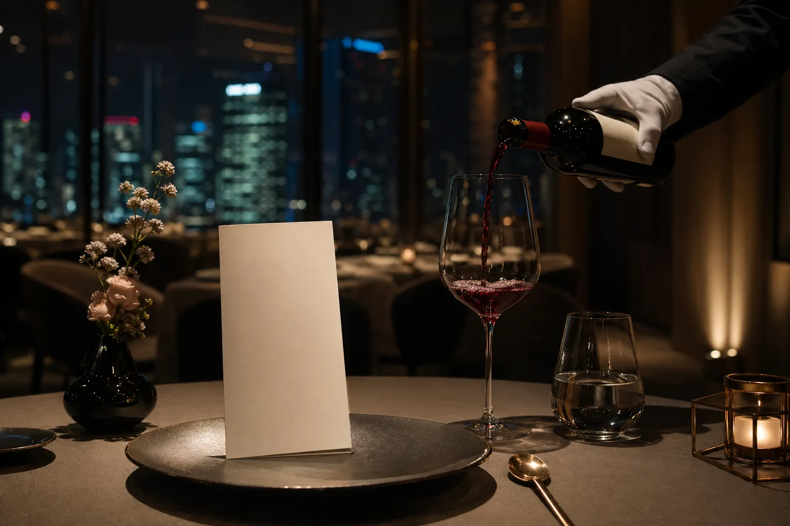 Elegant Seoul fine-dining wine pairing scene with a blank menu and red wine being poured.