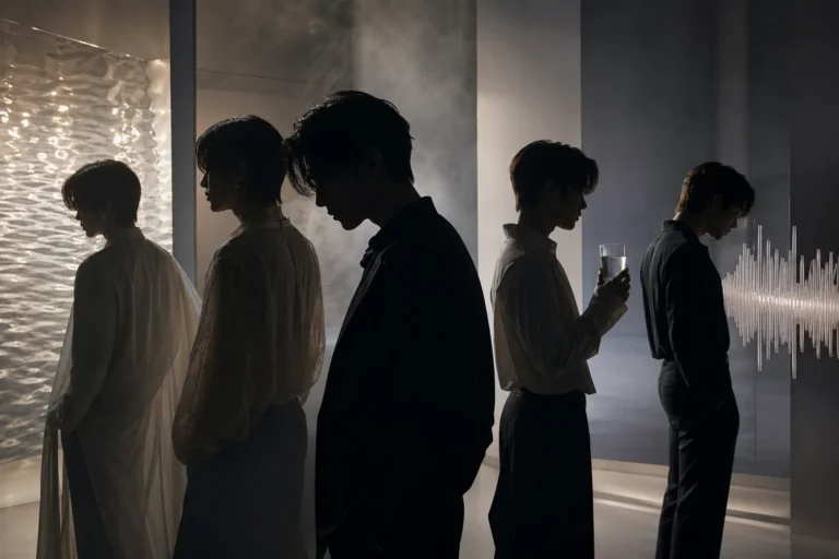 Five silhouetted K-pop performers in a cinematic Seoul studio concept representing the five senses.