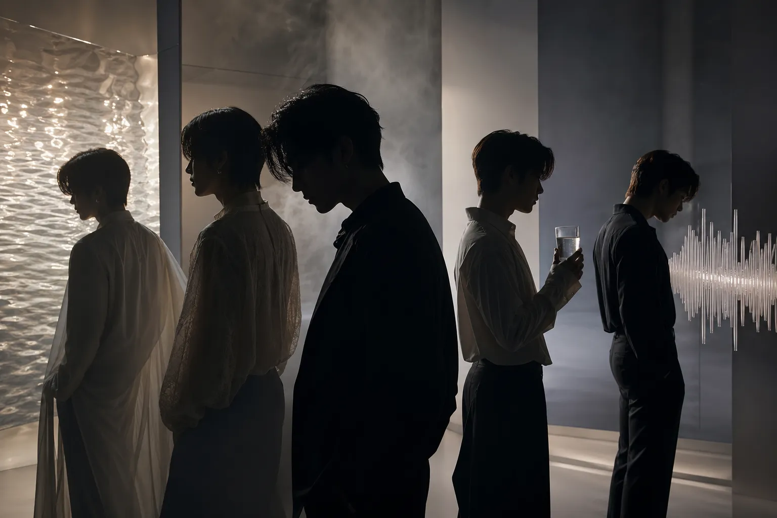 Five silhouetted K-pop performers in a cinematic Seoul studio concept representing the five senses.