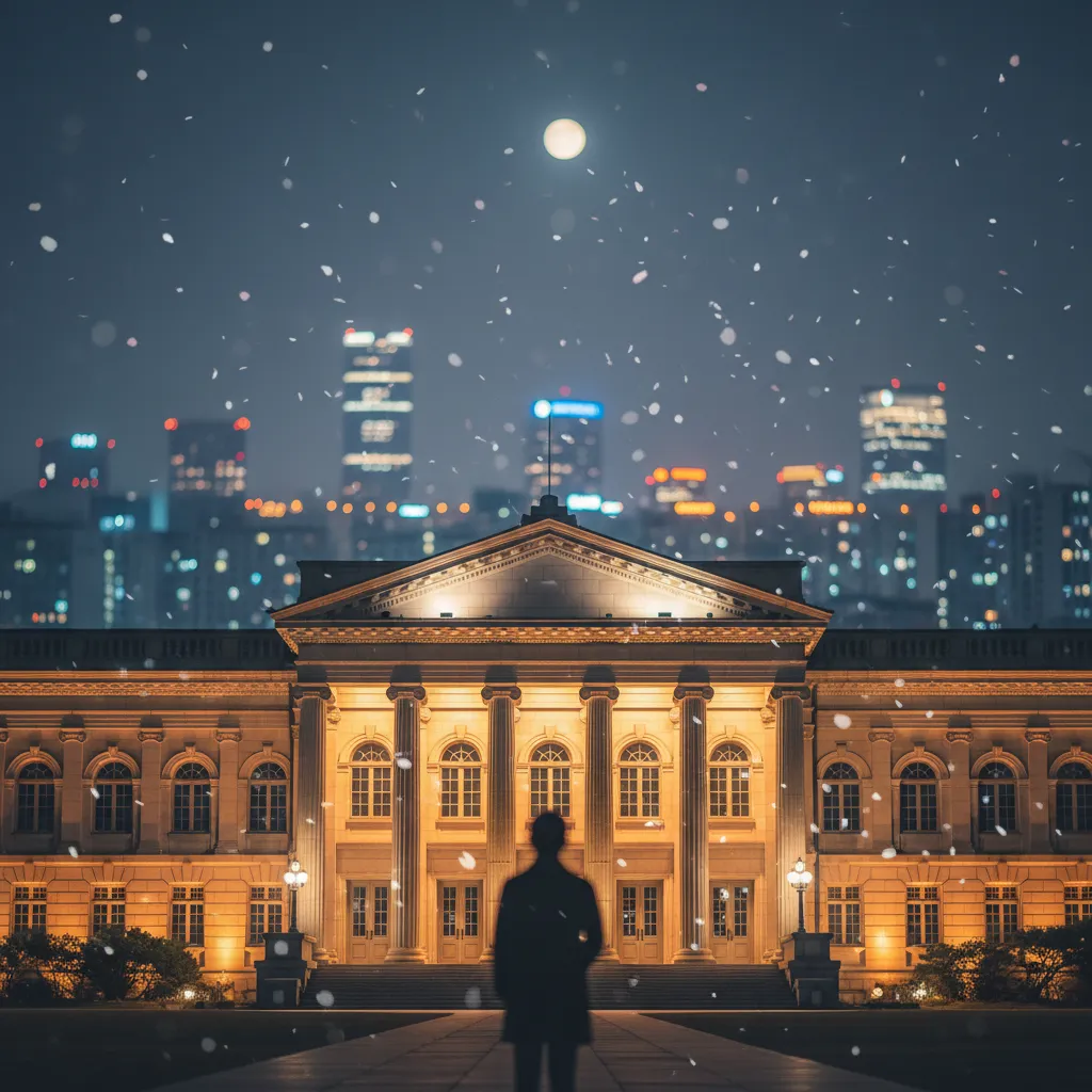 Night view of Seokjojeon with apricot blossom petals, representing the Seokjojeon Night Tour