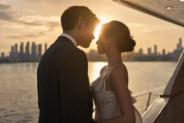 Cinematic yacht romance scene in modern Seoul with two elegant Korean drama leads shown without identifiable facial details.