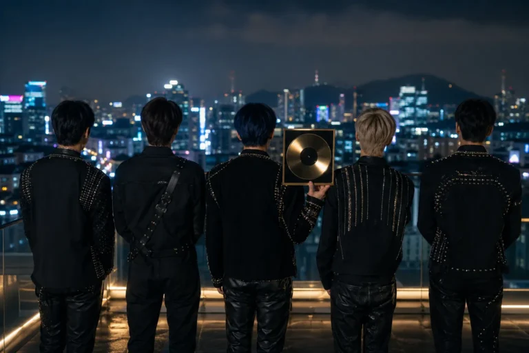 Five K-pop performers seen from behind on a Seoul rooftop, symbolizing TXT reaching another No. 1 album milestone.