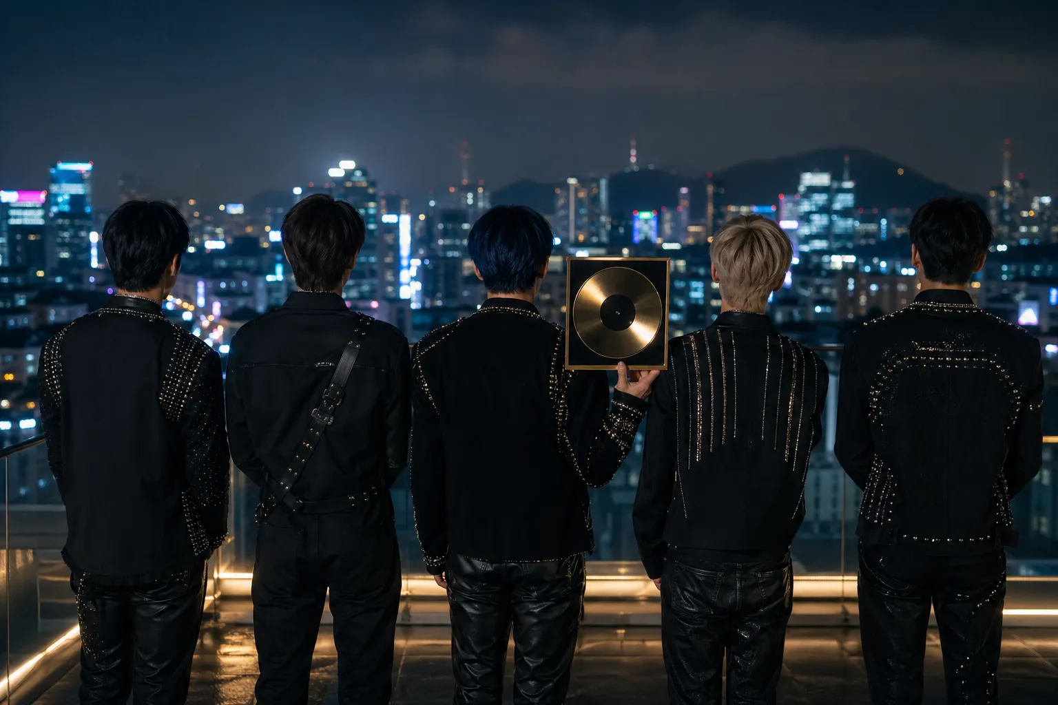 Five K-pop performers seen from behind on a Seoul rooftop, symbolizing TXT reaching another No. 1 album milestone.