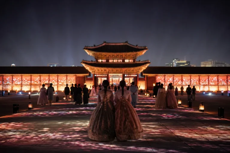 Cinematic spring festival scene at Gyeongbokgung Palace with illuminated Heungnyemun gate and hanbok-clad visitors.