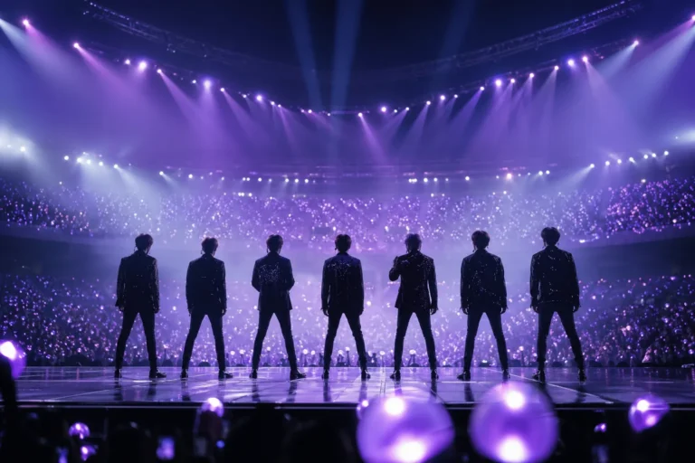 Silhouetted K-pop performers on a stadium stage with purple concert lights and a large crowd.