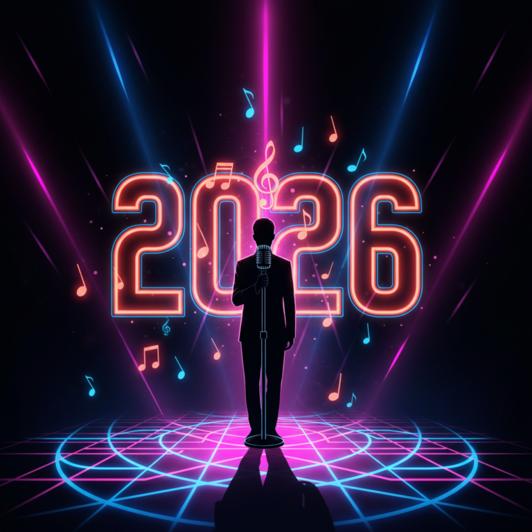 Silhouette of a performer with a microphone on a futuristic stage, neon lights and the year 2026, representing G Dragon's 2026 comeback