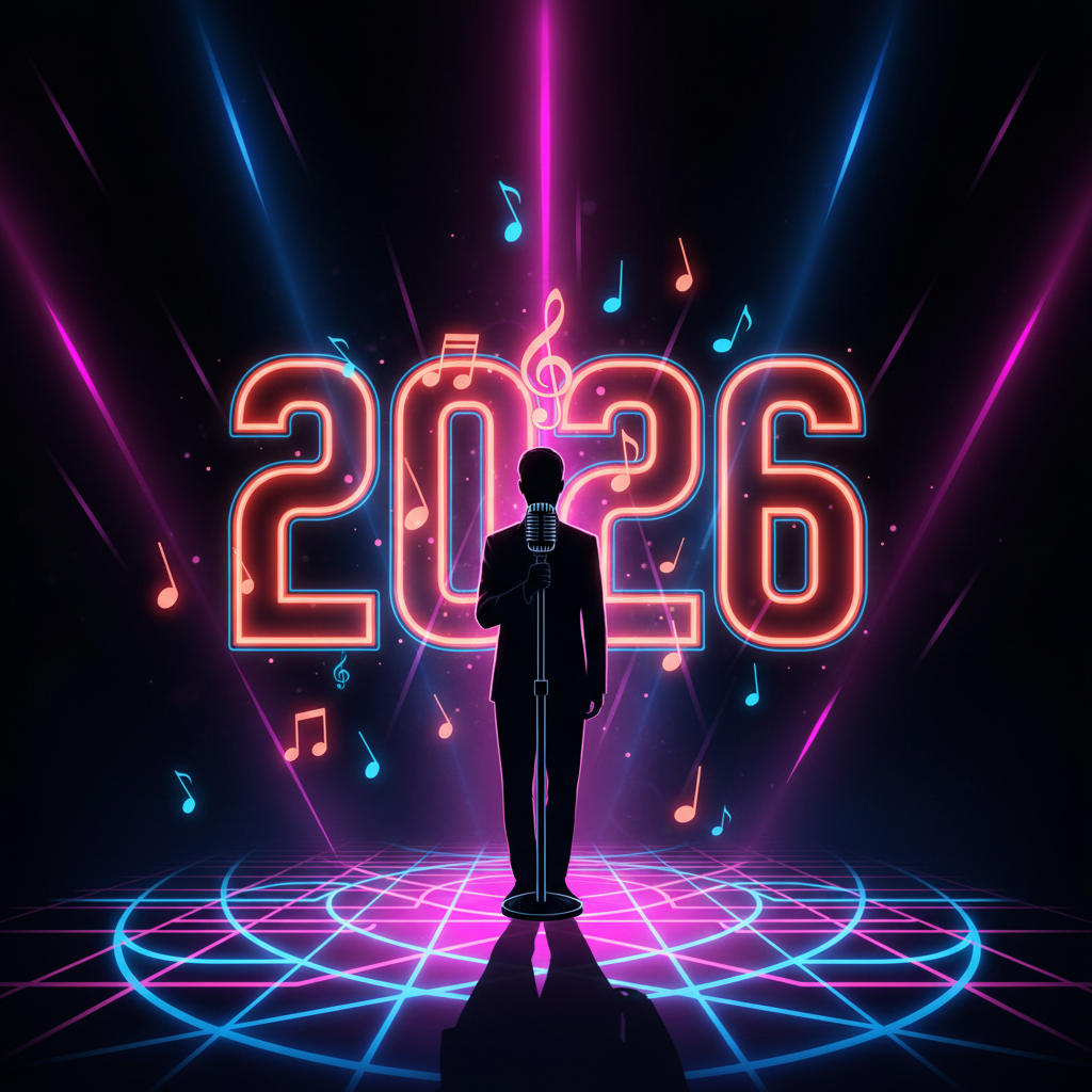 Silhouette of a performer with a microphone on a futuristic stage, neon lights and the year 2026, representing G Dragon's 2026 comeback