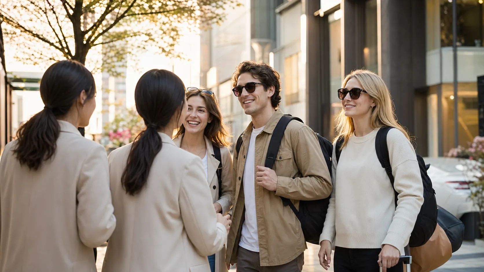 Foreign visitors receiving a warm spring welcome in a modern Seoul shopping district during Seoul Welcome Week 2026.