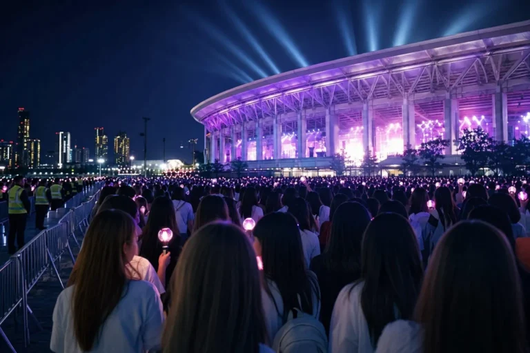 A crowded South Korean stadium concert scene suggesting overwhelming demand for major K-pop venues.