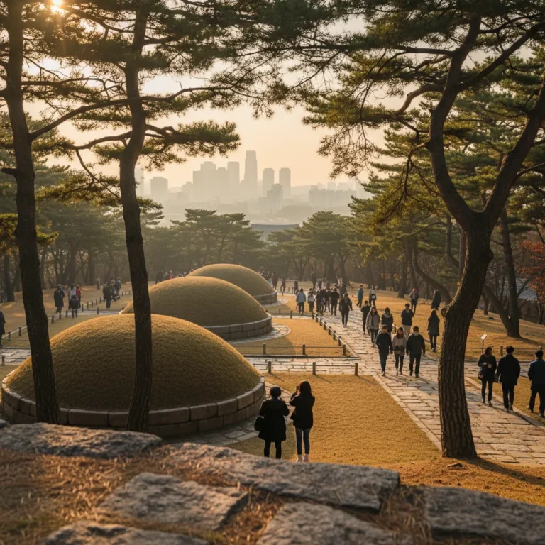 Silhouettes of visitors walking through Joseon royal tomb grounds at sunset, representing the surge in tourism