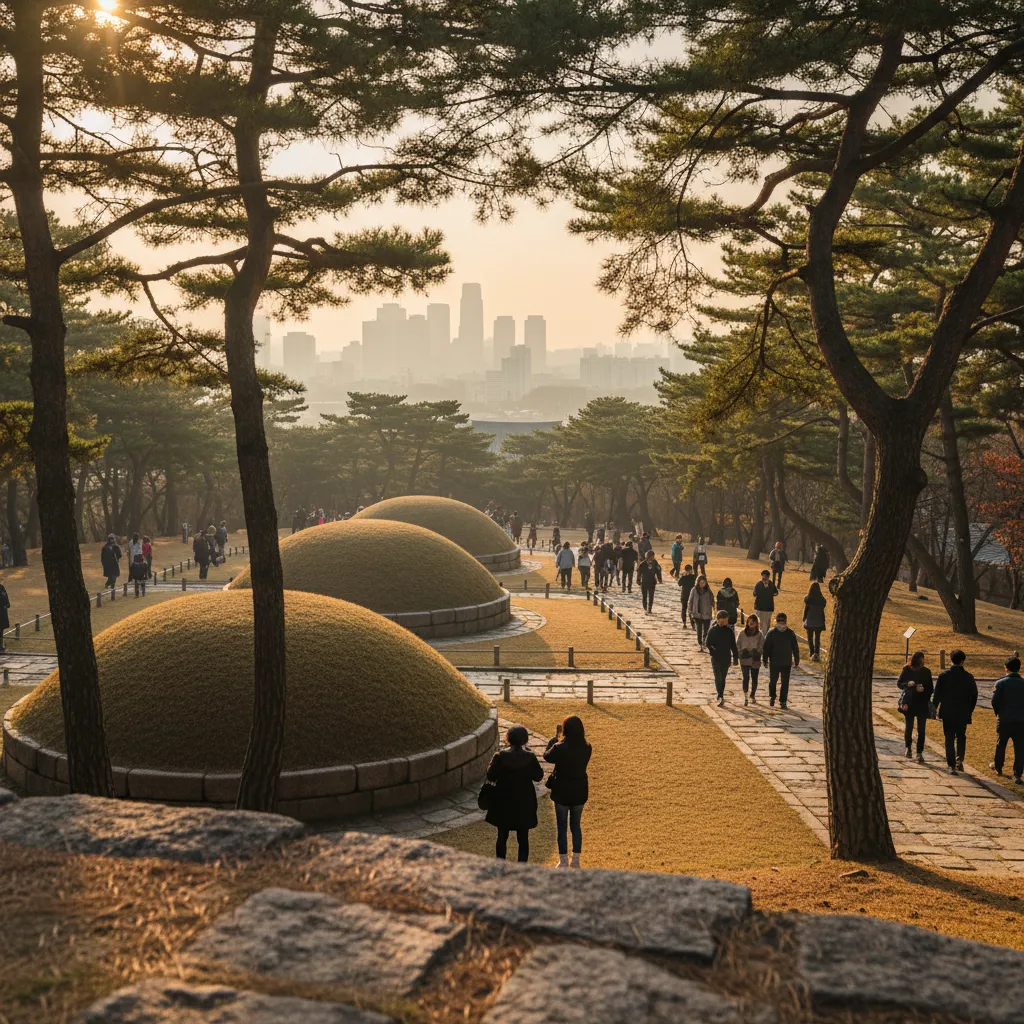 Silhouettes of visitors walking through Joseon royal tomb grounds at sunset, representing the surge in tourism