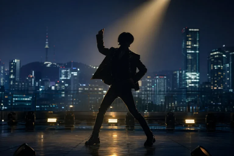Faceless K-pop performer silhouette on a cinematic Seoul rooftop with gold stage lighting, evoking a global No. 1 music milestone.