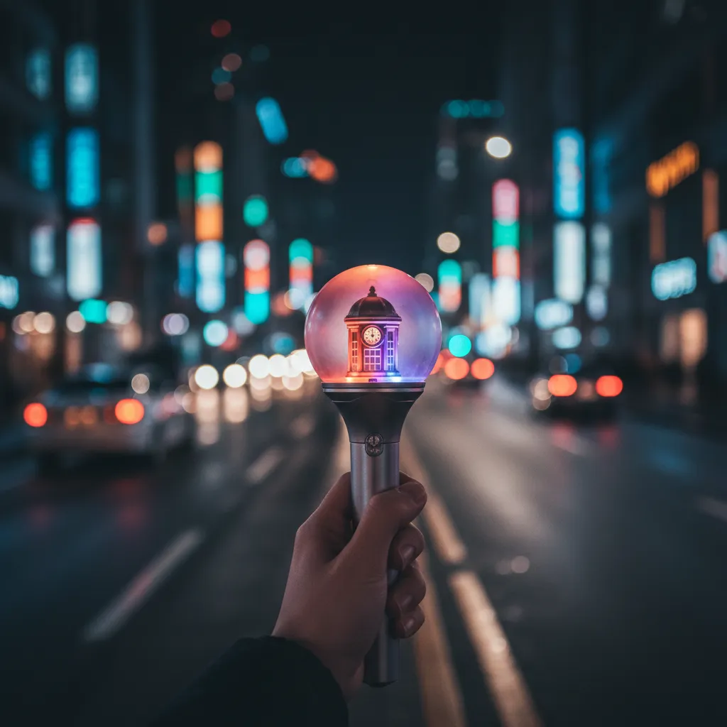 Close‑up of ATEEZ 3rd gen light stick glowing in hand against a blurred Seoul nightscape