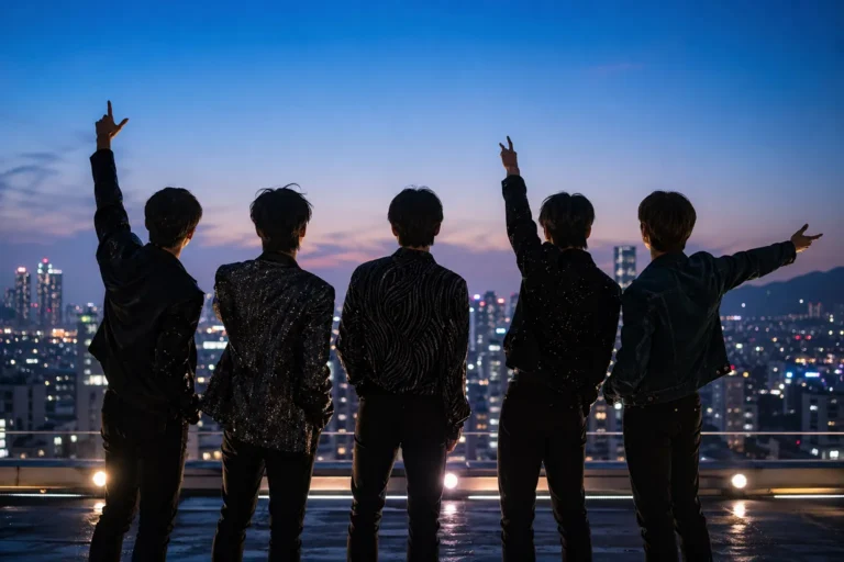 Silhouetted K-pop group on a Seoul rooftop with bright celebratory city lights