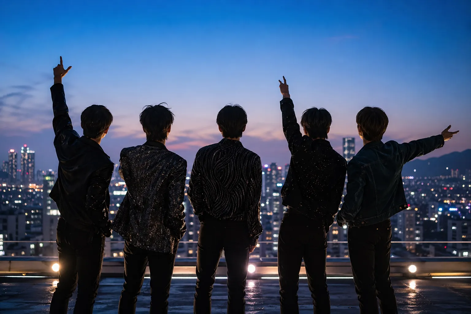 Silhouetted K-pop group on a Seoul rooftop with bright celebratory city lights