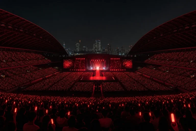 A red-lit stadium crowd creates a glowing fan ocean during a major K-pop anniversary concert.