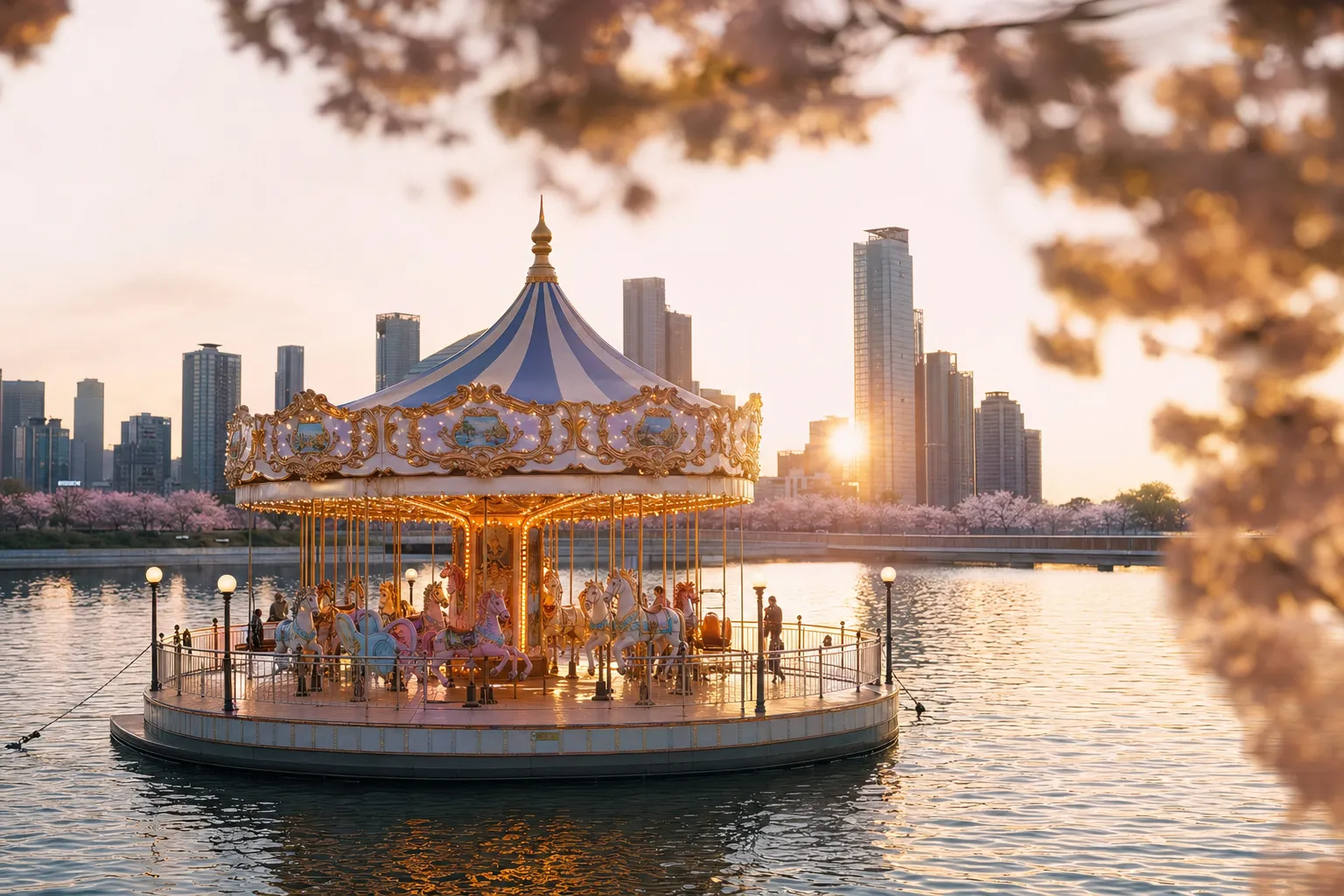 Floating carousel on the Han River at Yeouido Hangang Park during a spring festival in Seoul.