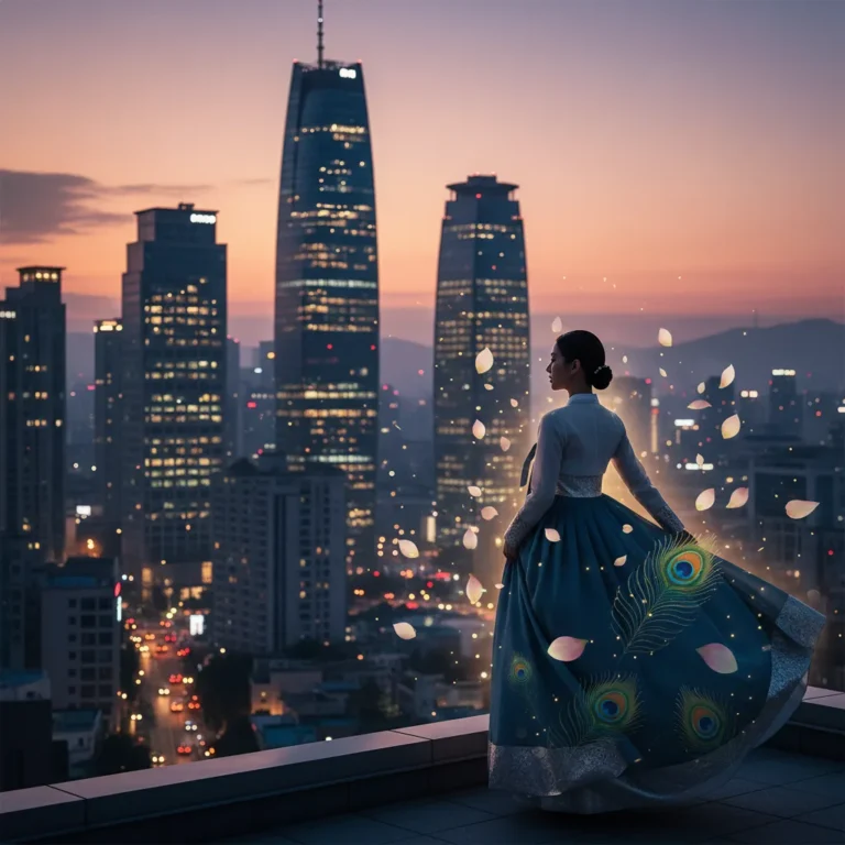 Silhouette of a queen‑like figure in hanbok over Seoul skyline with Indian lotus and peacock accents, symbolizing the Heo Hwang-ok joint film proposal.