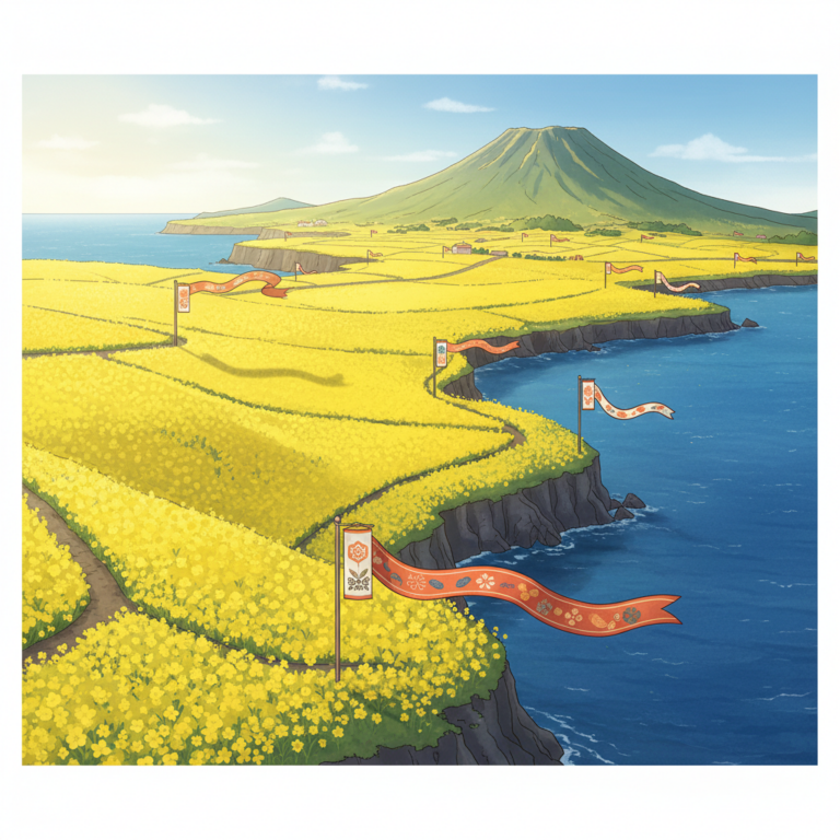 Aerial view of Jeju's canola fields with festival banners, early bloom 2026