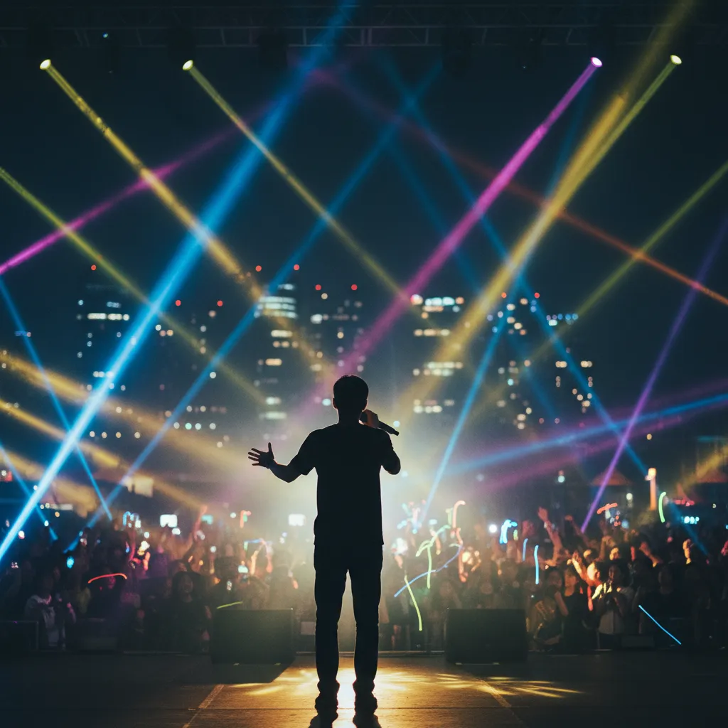Silhouette of a performer on stage with colorful lights and blurred crowd, representing KickFlip's debut performance