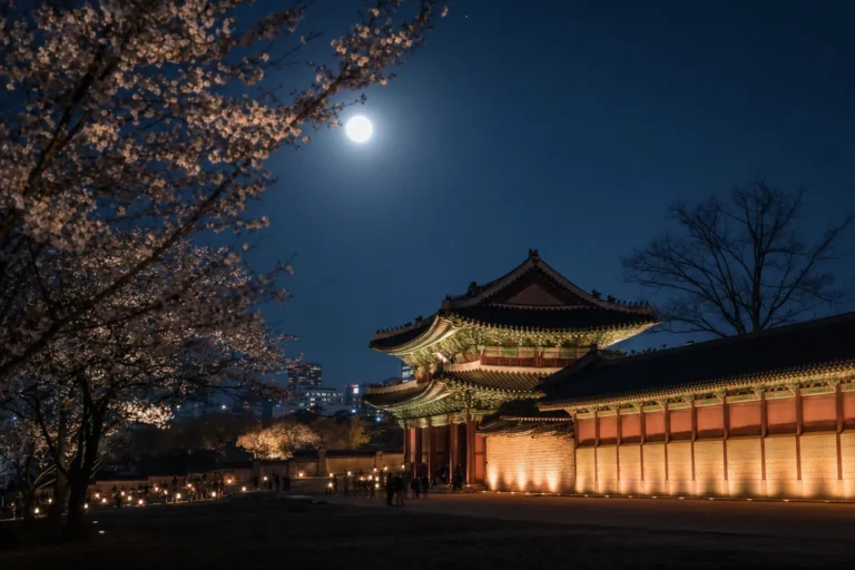 Changdeokgung Palace softly lit at night under moonlight during a spring evening tour in Seoul.
