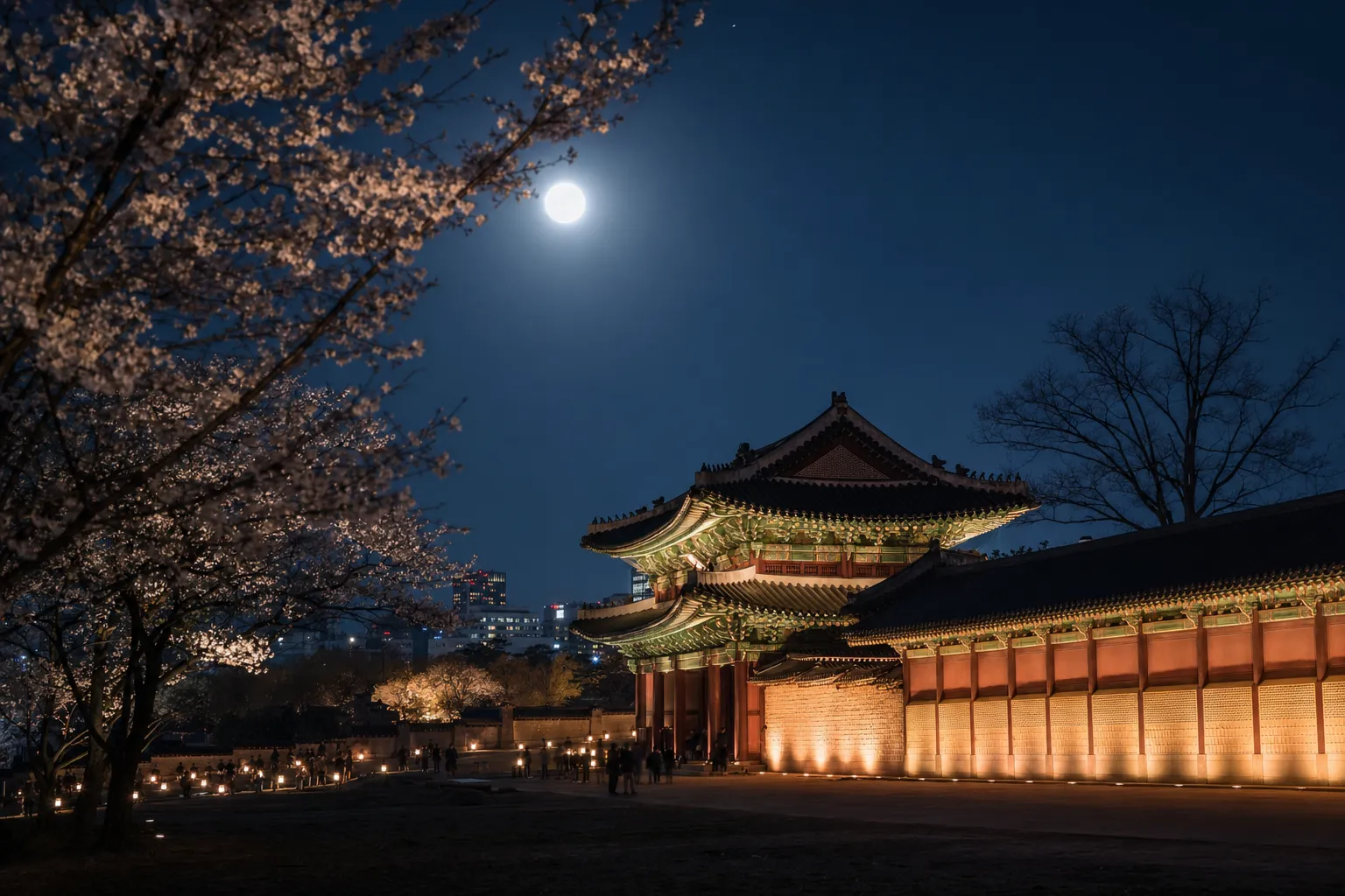 Changdeokgung Palace softly lit at night under moonlight during a spring evening tour in Seoul.