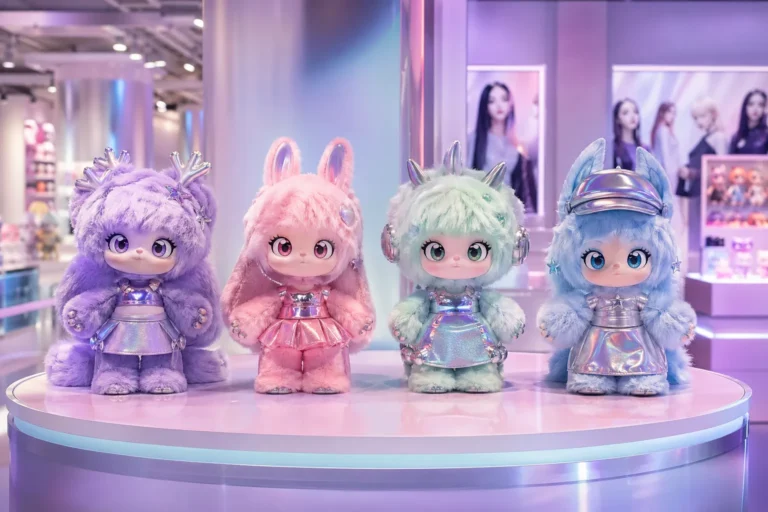 Fluffy collectible figures displayed in a modern Seoul K-culture concept store.