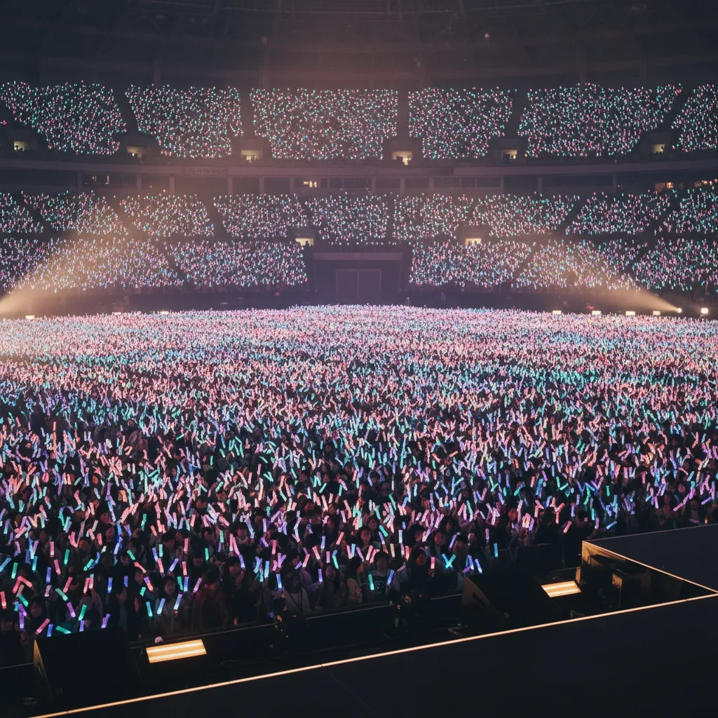 Thumbnail showing a vast audience of light sticks at a TWICE North American concert, symbolizing record attendance