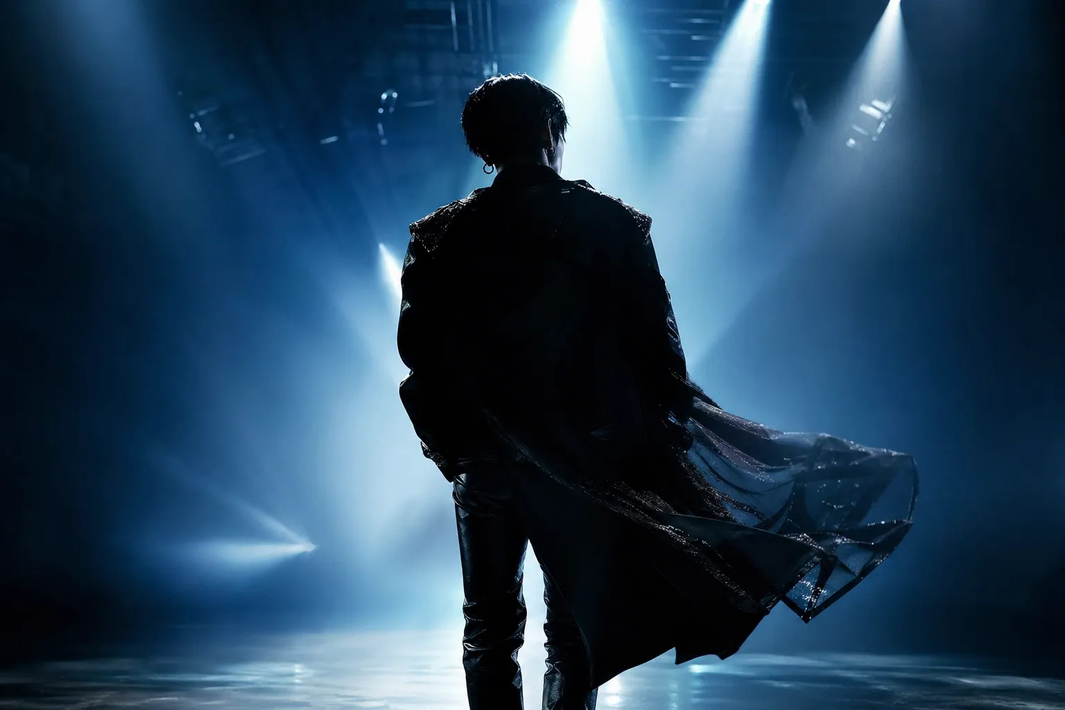 Silhouetted K-pop solo artist in cinematic Seoul studio lighting for a WYLD album teaser mood