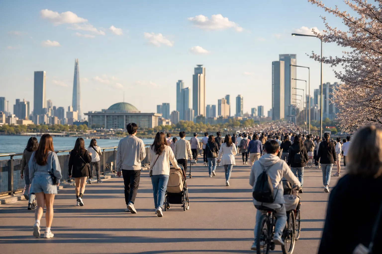 Car-free Jamsu Bridge filled with Sunday festival walkers along Seoul’s Han River.