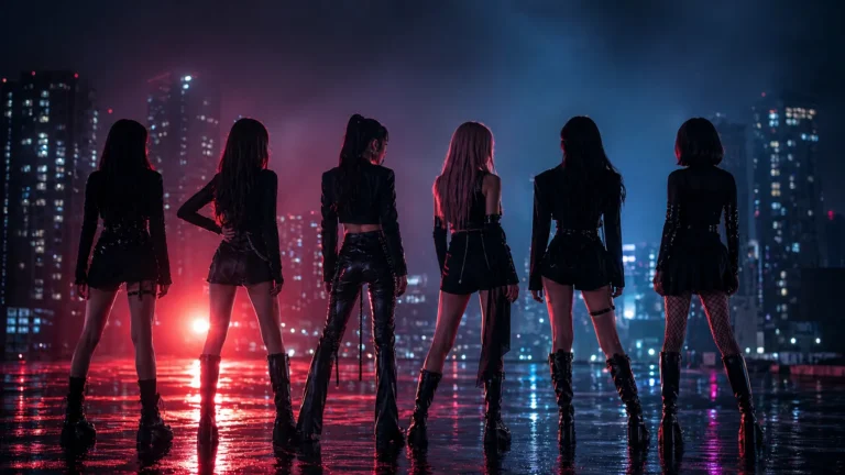 Cinematic K-pop group silhouettes in Seoul evoking the Crescendo teaser mood.