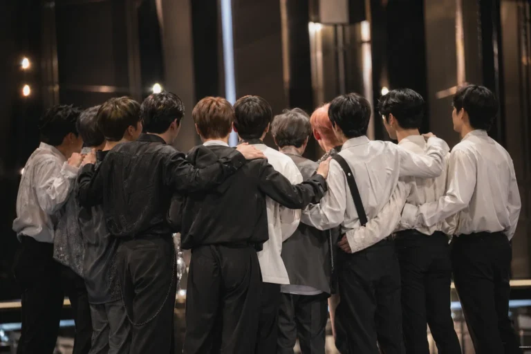 Eleven K-pop performers reunite on a modern Seoul studio stage under cinematic lights.