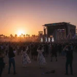 Silhouette of a performance at Coachella with Korean-inspired stage design