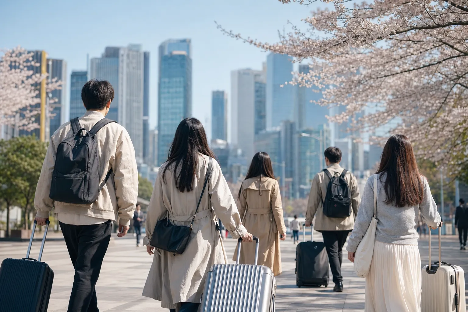 Japanese travelers arriving in modern Seoul during Golden Week travel season