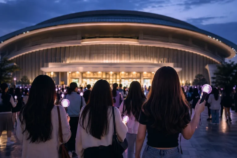 Sold-out Seoul fan concert atmosphere outside an Olympic Hall-style venue with fans and light sticks.