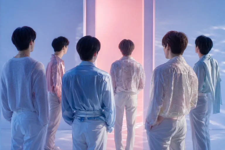Cinematic K-pop comeback scene with six faceless performers in a clean romantic Seoul-inspired studio atmosphere
