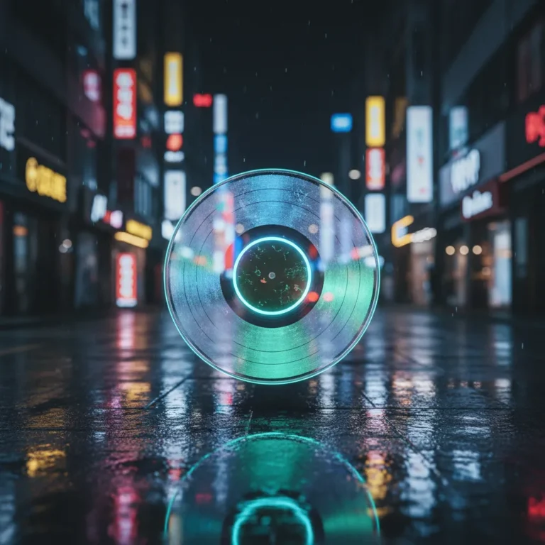 Glowing vinyl record over a Seoul night street symbolizing NCT WISH's 1.8 million album sales