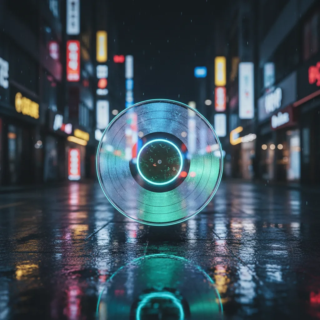 Glowing vinyl record over a Seoul night street symbolizing NCT WISH's 1.8 million album sales