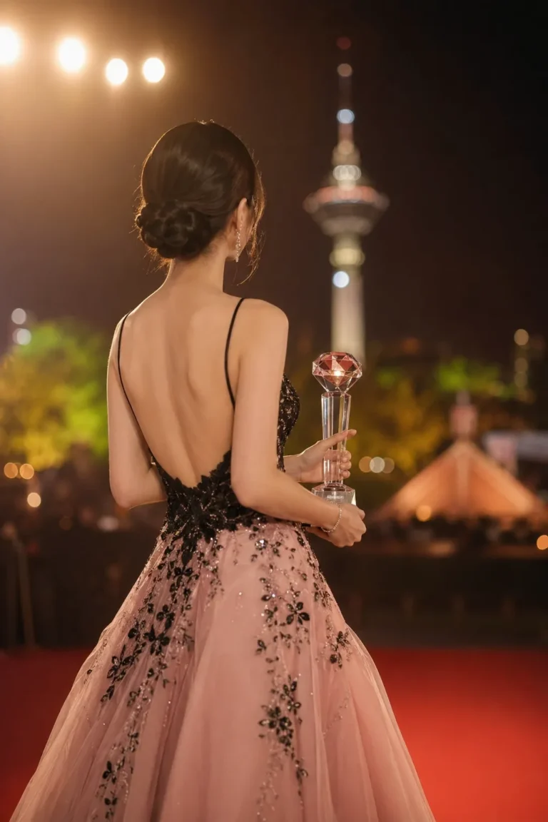 A glamorous Korean performer holding an award under cinematic festival lights.