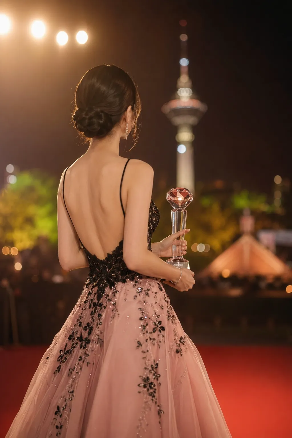 A glamorous Korean performer holding an award under cinematic festival lights.