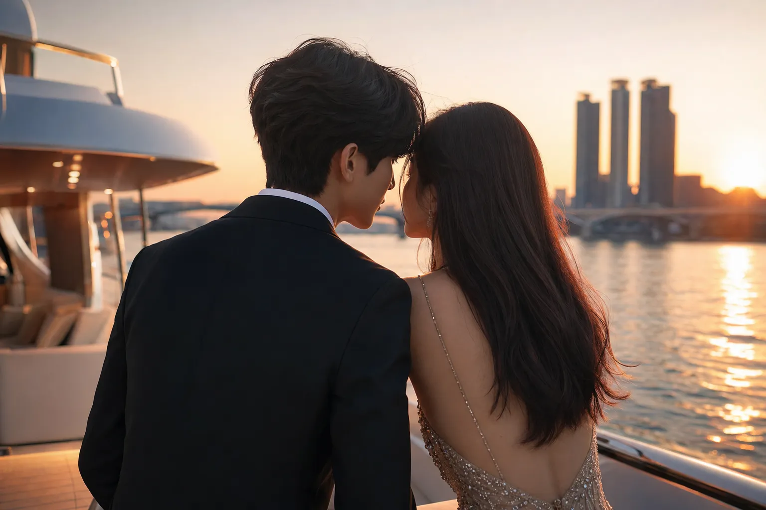 A cinematic rear-view image of a Korean drama couple sharing a romantic yacht moment at sunset.