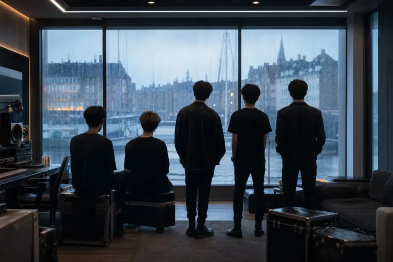 Silhouetted K-pop group in a Seoul studio with Copenhagen-inspired preproduction atmosphere