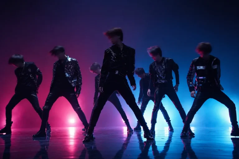 Silhouetted rookie K-pop group performing on a cinematic Seoul stage for a fast-paced comeback concept.