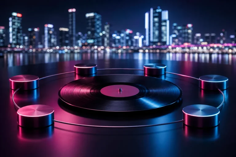 Cinematic K-pop comeback concept with a vinyl record and six track markers in a loop under Seoul neon lighting.