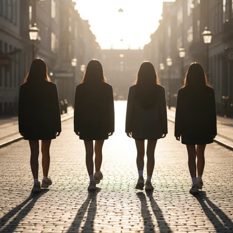 Silhouettes of four figures strolling on a Copenhagen street at sunset, representing NewJeans overseas sighting