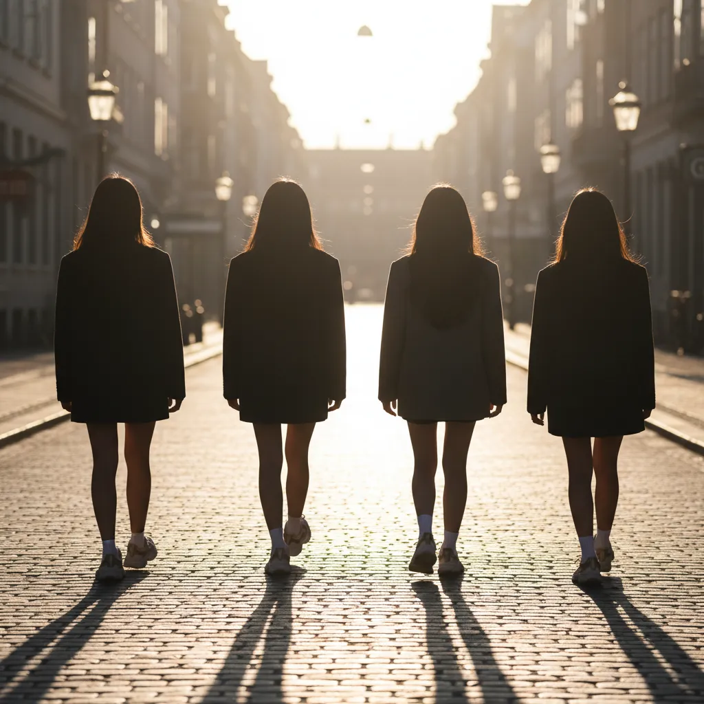 Silhouettes of four figures strolling on a Copenhagen street at sunset, representing NewJeans overseas sighting